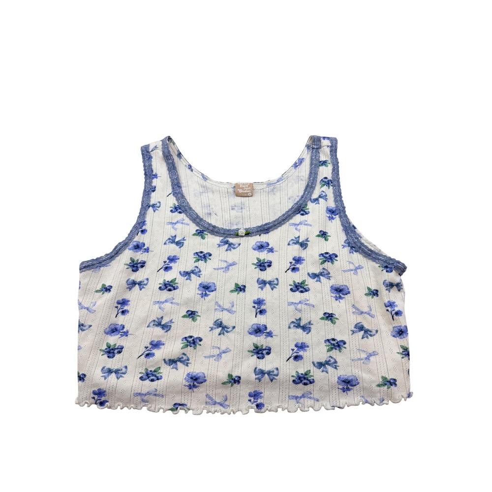 Blue Floral Bow Pointelle Lace Crop‎ Tank Top XL 100% cotton y2k